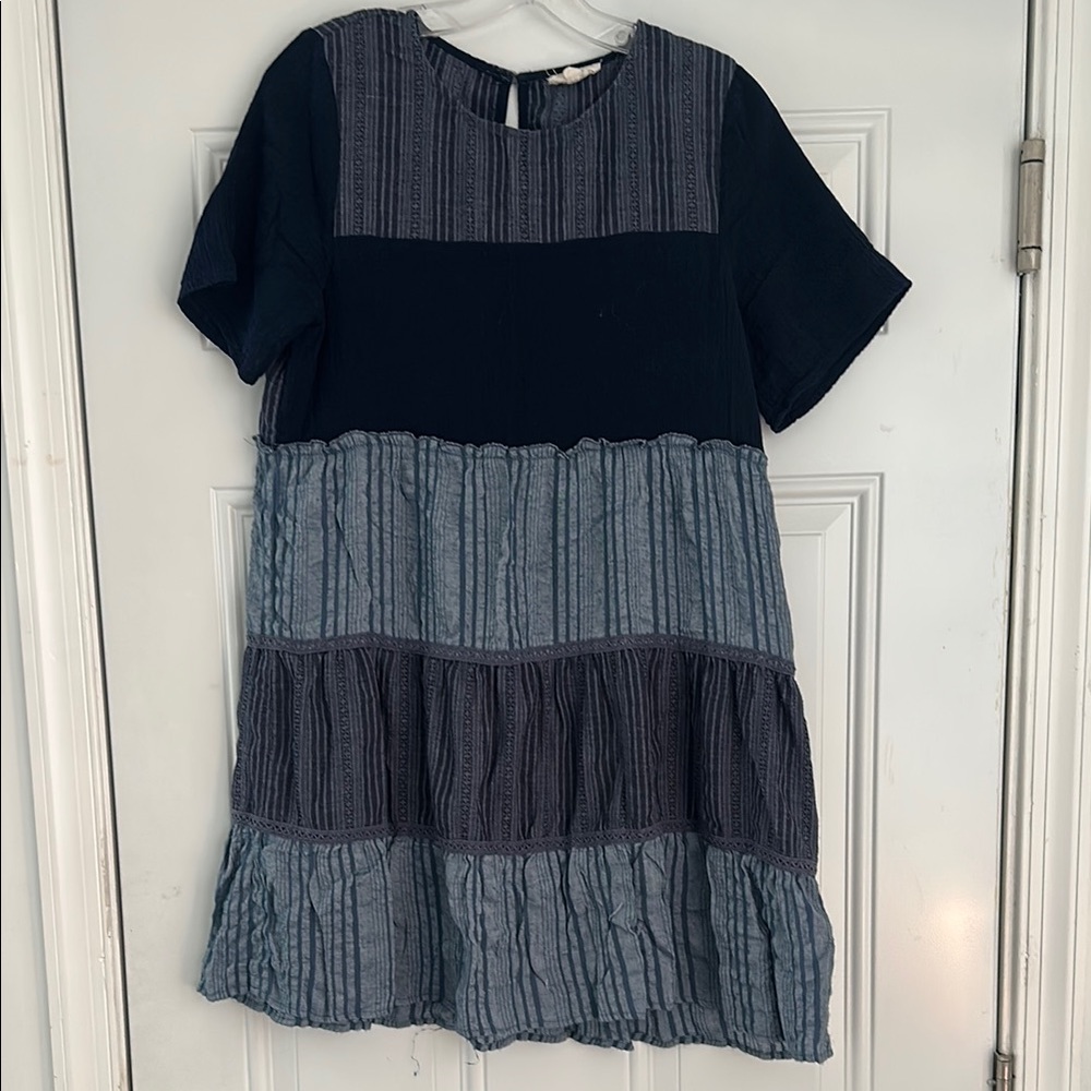 ODDY Gray and Blue Tiered Pleated Sundress